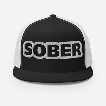 SOBER Trucker Hat - Classic Mesh Snapback Cap - Black/ White | Sobervation