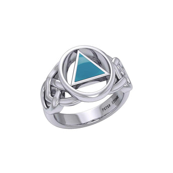 AA Recovery Inlaid Silver Ring - AA Symbol Sterling Silver Band TRI1273 - Synthetic Turquoise / 4 | Sobervation