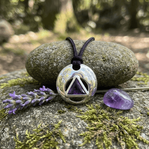 AA Symbol Sterling Silver Disk Pendant - Circle of Recovery Necklace - Genuine Amethyst Necklace - Sobervation