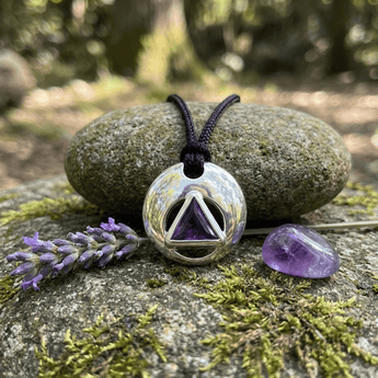 AA Symbol Sterling Silver Disk Pendant - Circle of Recovery Necklace - Genuine Amethyst Necklace - Sobervation