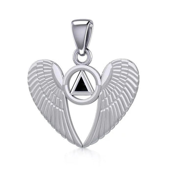 Angel Wings AA Recovery Pendant – Sterling Silver with Inlaid Symbol TPD5320 - Synthetic Black Onyx | Sobervation