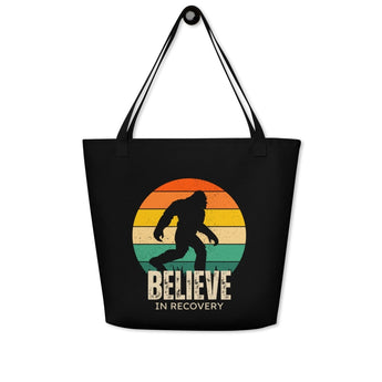 Believe in Recovery – Bigfoot Edition Large Tote Bag with Pocket - Black | Sobervation
