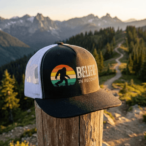Believe in Recovery Retro Trucker Hat - Black/ White 5 Panel Trucker Hat - DTF - Sobervation