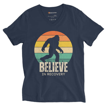 Believe in Recovery V-Neck Tee – Strength in Every Step - Navy / S | Sobervation