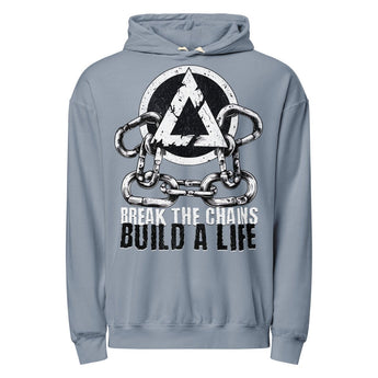Break the Chains Build a Life Hoodie | Distressed Sobriety Symbol Sweatshirt - Blue Jean / S | Sobervation