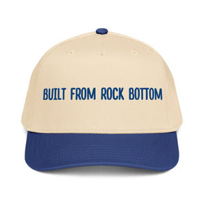 Built from Rock Bottom 5 Panel Mid-Profile Baseball Cap – Embroidered Recovery Hat - Royal/Natural | Sobervation