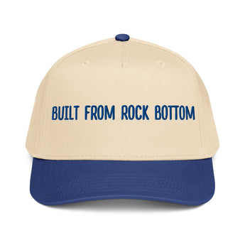 Built from Rock Bottom 5 Panel Mid-Profile Baseball Cap – Embroidered Recovery Hat - Royal/Natural | Sobervation