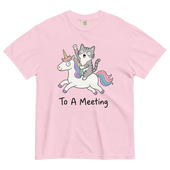 Cat Riding A Unicorn To A Meeting | Garment-Dyed Heavyweight Tee -Blossom Heavyweight Graphic Print Tee - Sobervation