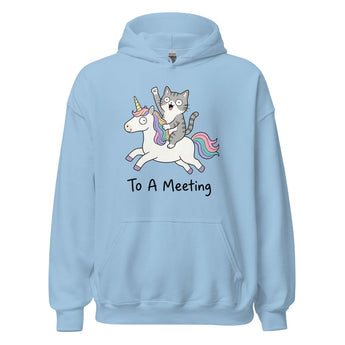 Cat Riding A Unicorn To A Meeting | Heavy Blend Hoodie -Light Blue Graphic Print Hoodie - Sobervation
