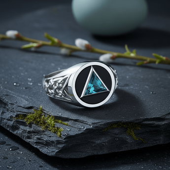 Celtic AA Recovery Ring - Sterling Silver Sobriety Symbol Jewelry TR1020 - Blue Topaz and Black Enamel Ring - Sobervation