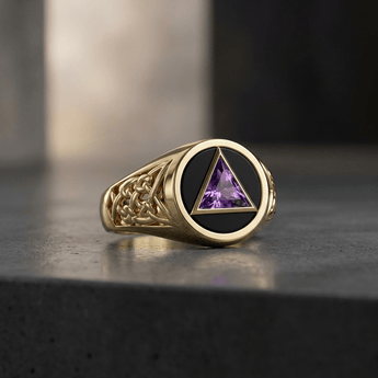 Celtic AA Recovery Solid 14K Yellow Gold Ring with Gemstone - Genuine Amethyst and Synthetic Black Onyx Ring - Sobervation
