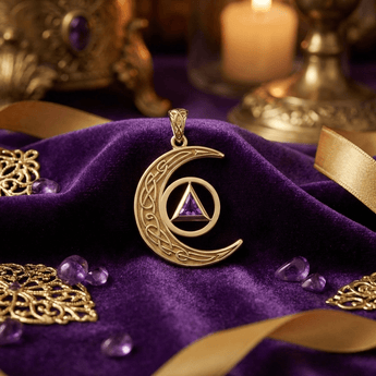 Celtic Crescent Moon Recovery Spiritual Key Solid 14K Yellow Gold Pendant with Gemstone - Genuine Amethyst Pendant - Sobervation