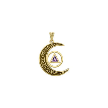 Celtic Crescent Moon Recovery Spiritual Key Solid 14K Yellow Gold Pendant with Gemstone - Genuine Amethyst | Sobervation
