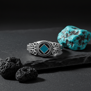 Celtic NA Symbol Sterling Silver Ring - Color Inlay Options - Synthetic Turquoise / 4 | Sobervation