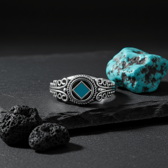 Celtic NA Symbol Sterling Silver Ring - Color Inlay Options - Synthetic Turquoise / 4 | Sobervation