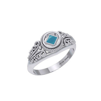 Celtic NA Symbol Sterling Silver Ring - Color Inlay Options - Synthetic Turquoise / 4 | Sobervation