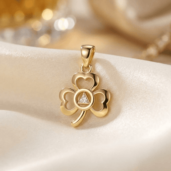 Celtic Shamrock Solid 14K Yellow Gold Pendant with Inlaid Recovery Symbol - White Cubic Zirconia Pendant - Sobervation
