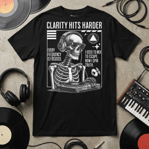 Clarity Hits Harder Essential Tee – DJ Skeleton Recovery Streetwear - S Graphic Print T Shirt - Sobervation