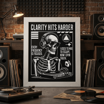Clarity Hits Harder Framed Poster – DJ Skeleton Recovery Wall Art - 8″×10″ Framed Poster - Sobervation