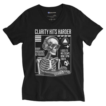 Clarity Hits Harder Unisex V-Neck Tee – DJ Skeleton Recovery Streetwear - S | Sobervation