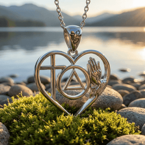 Faith & Christogram Heart Sterling Silver Recovery Pendant – AA or NA Symbol with Adjustable Chain - AA Symbol Necklace - Sobervation