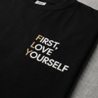 First Love Yourself (FLY) Embroidered Tee – Premium Comfort Colors - Black Heavyweight Embroidered Tee - Sobervation