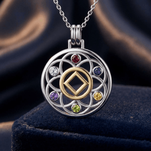 Flower of Life Sterling Silver & 14K Gold Accent Recovery Pendant with AA or NA Symbol & Genuine Gemstone - NA Symbol Necklace - Sobervation
