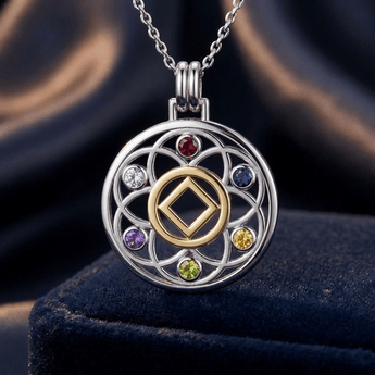 Flower of Life Sterling Silver & 14K Gold Accent Recovery Pendant with AA or NA Symbol & Genuine Gemstone - NA Symbol Necklace - Sobervation