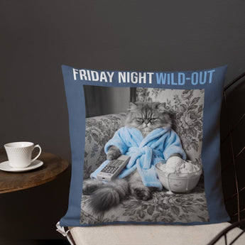 Friday Night Wild Out - Cat On Couch Channel Surfing and Eating Ice Cream Premium Pillow - Premium Pillow - Sobervation