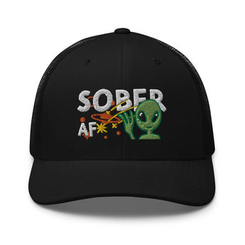Sober AF Alien Trucker Hat – Galactic Sobriety Recovery Cap - Black | Sobervation