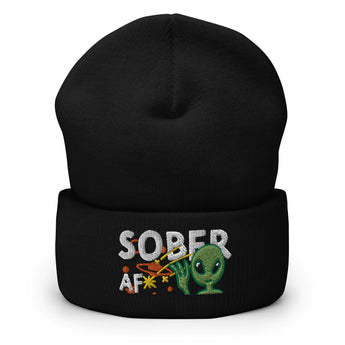 Sober AF Alien Embroidered Cuffed Beanie – Galactic Sobriety - Black | Sobervation