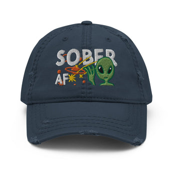 Sober AF Alien Embroidered Distressed Dad Hat – Galactic Sobriety - Navy | Sobervation