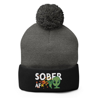 Sober AF Alien Embroidered Pom-Pom Beanie – Galactic Sobriety - Default Title | Sobervation