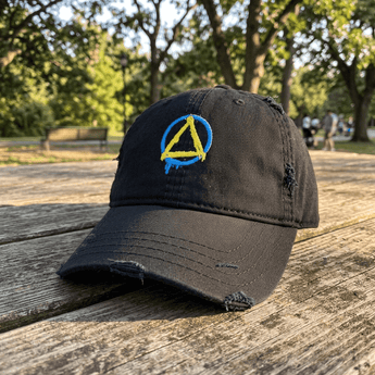 Graffiti Sobriety Symbol Embroidered Distressed Dad Hat - Premium Recovery Streetwear -Black Distressed Dad Hat - Sobervation