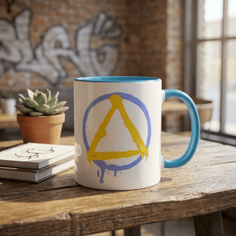 Graffiti Sobriety Symbol Mug (Blue & Yellow) – Recovery Coffee Mug - Blue Mug - Sobervation