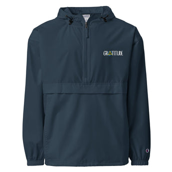 Gratitude Embroidered Champion Packable Jacket – Lightweight, Meaningful, Mobile - Navy / S | Sobervation