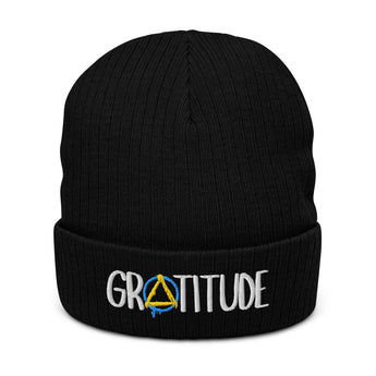 GRATITUDE Ribbed Beanie – Soft Knit, Strong Message - Black | Sobervation