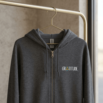 Gratitude Sobriety Symbol Embroidered Zip Hoodie | Recovery Apparel -Dark Heather Embroidered Zip Up Hoodie - Sobervation