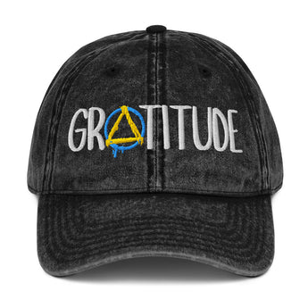 GRATITUDE Vintage Cotton Twill Cap – Distressed Style, Timeless Message - Black | Sobervation
