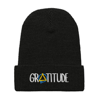 GRATITUDE Waffle Knit Beanie – Textured Warmth with a Purpose - Black | Sobervation