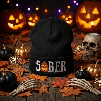 Halloween Sober Pumpkin Embroidered Beanie -Black Cuffed Beanie - Sobervation