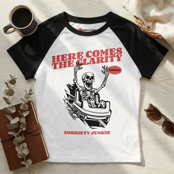 Here Comes the Clarity Women’s Raglan Baby Tee - White/Black Micro Rib Raglan Baby Tee - Sobervation