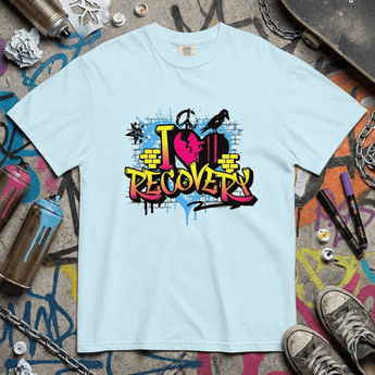I Heart Recovery Graffiti Heavyweight Tee – Bold Sobriety Apparel - Chambray Heavyweight Graphic Print Tee - Sobervation
