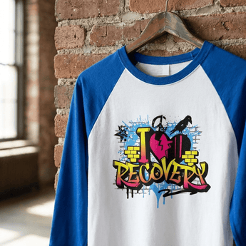 I Heart Recovery Raglan Shirt – Graffiti 3/4 Sleeve Tee - XS | Sobervation