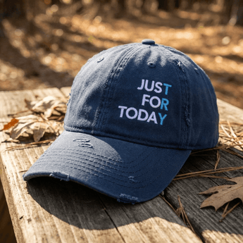 Just For Today Distressed Dad Hat – Embroidered Daily Sobriety Reminder - Navy Distressed Dad Hat - Sobervation