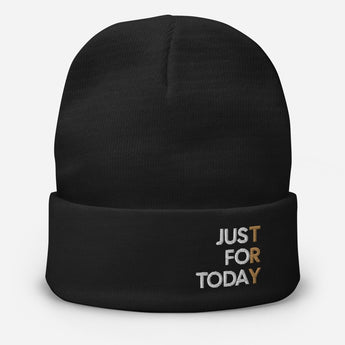 Just for Today Embroidered Knit Beanie – Warm Recovery Beanie - Black | Sobervation