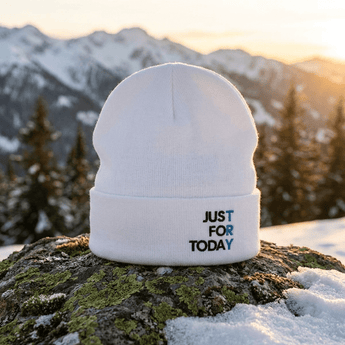 Just for Today Embroidered Knit Beanie – Warm Recovery Beanie - White Knit Beanie - Sobervation