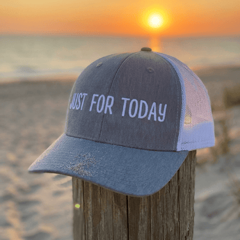 JUST FOR TODAY – Embroidered Trucker Hat - Heather Grey/White Retro Trucker Hat - Sobervation