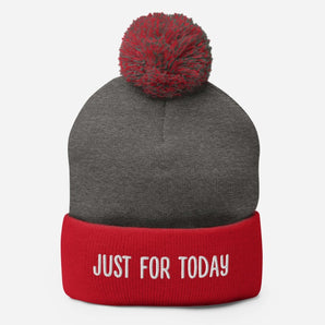 Just For Today Pom-Pom Beanie – Cozy Vibes, Clear Intentions - Dark Heather Grey/ Red | Sobervation