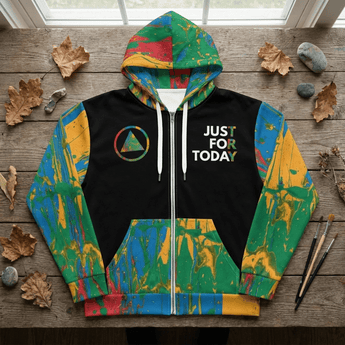 Just For Today: Rainbow Drip All - Over Zip Hoodie | Recovery Streetwear | Sobervation - 2XS All Over Print Zip Up Hoodie - Sobervation